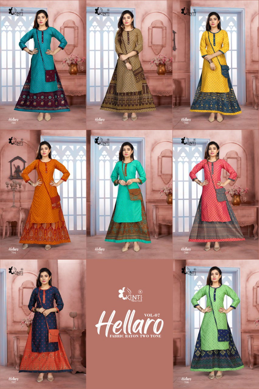 Kinti Hellaro 7 Designer Rayon Printed Kurti With Skirt Collection
